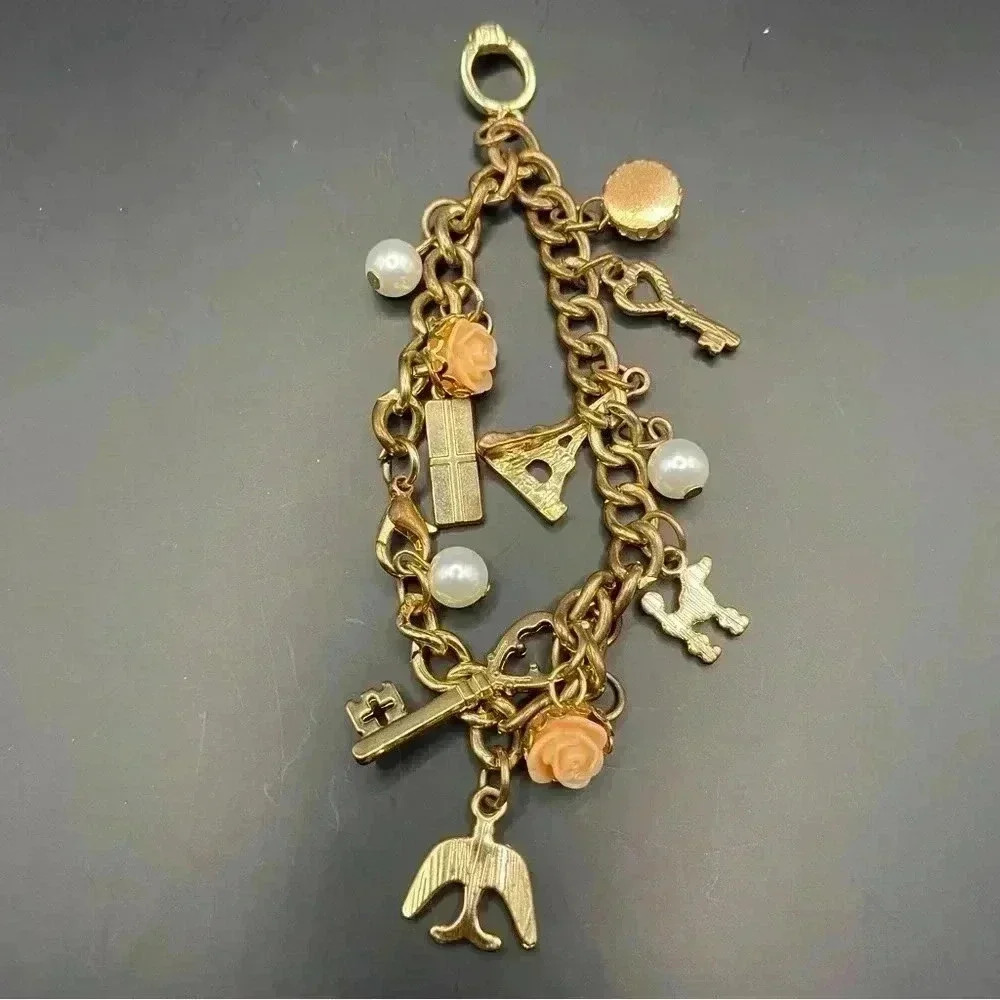 VGT Eiffel Tower & Floral Design Gold-tone Charm Stretch Bracelet for Girls - Picture 6 of 8